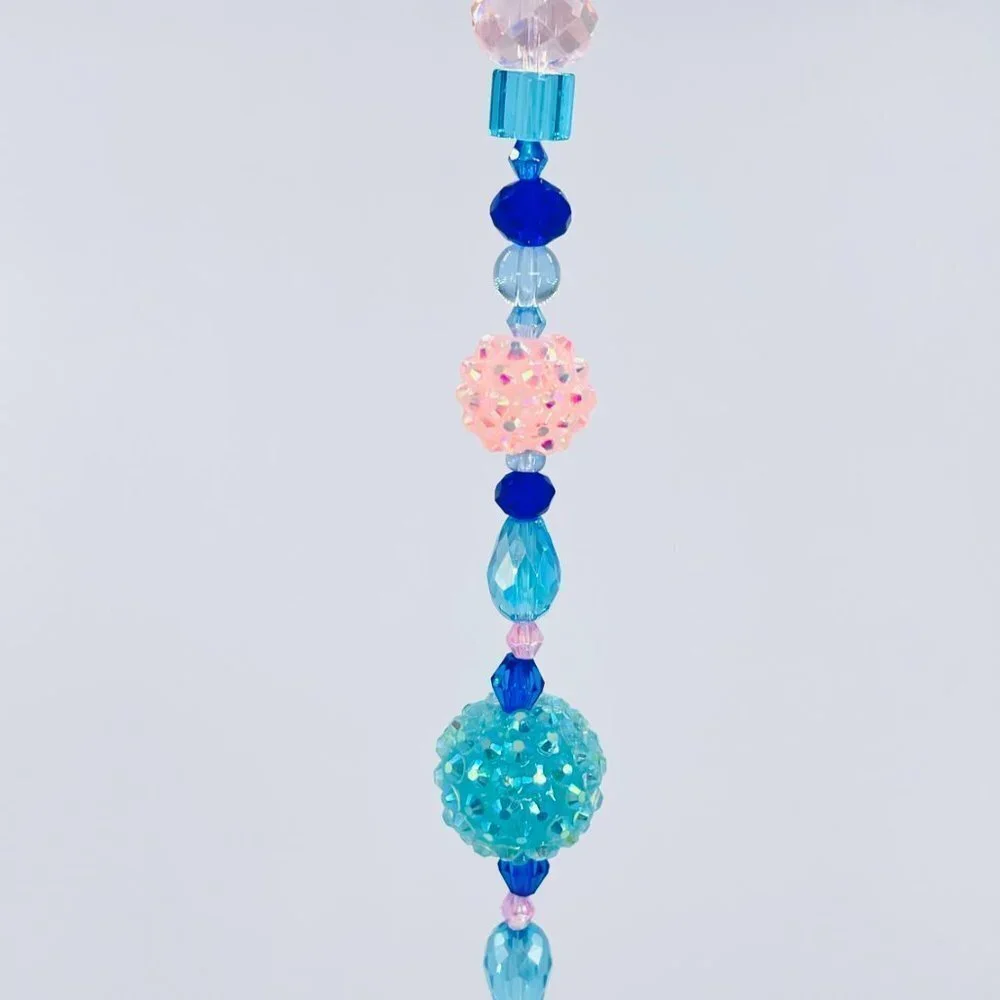 Beaded Suncatcher - Blue Pink - Clear Crystal Prism - Hanging Decor Yard Art
